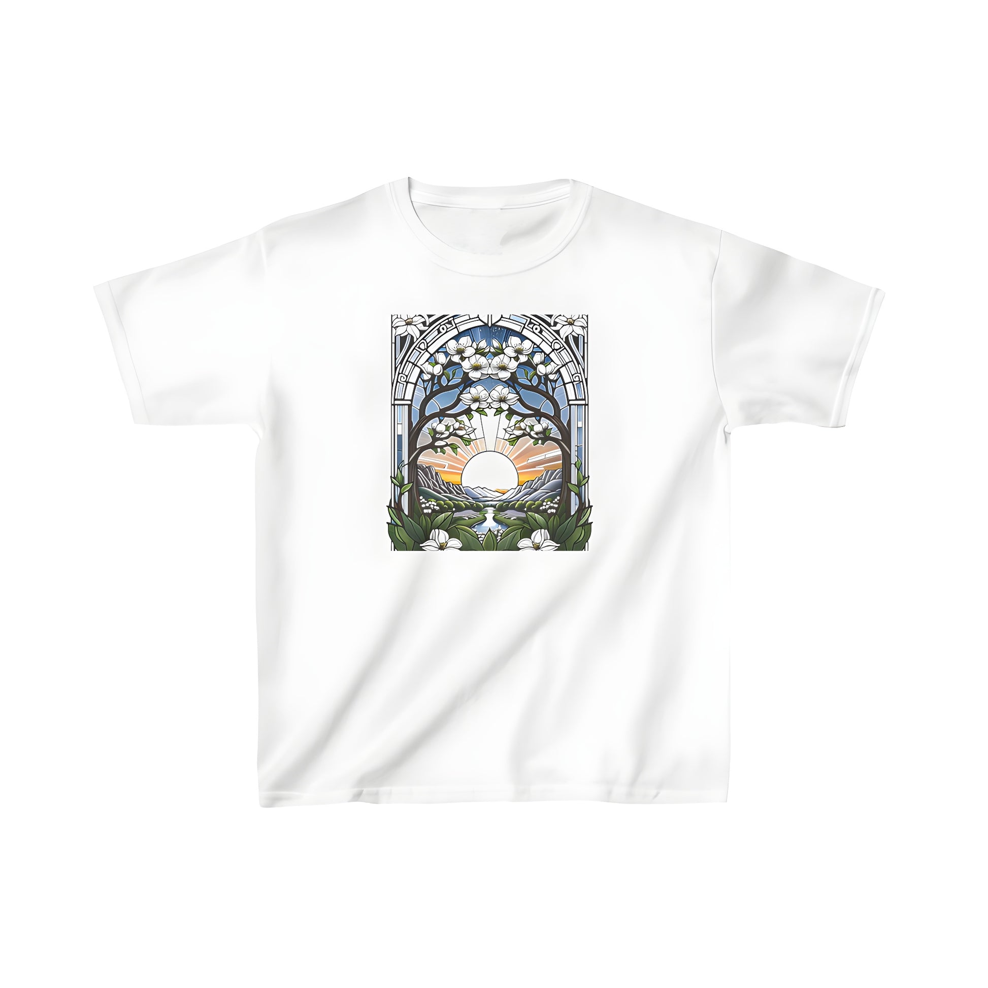 Colorful graphic t-shirt with blooming flowers landscape design, stained glass artwork of sunset over mountains and winding river