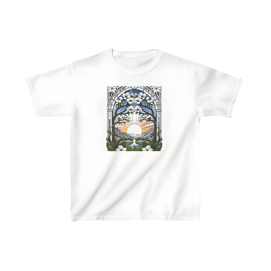 Colorful graphic t-shirt with blooming flowers landscape design, stained glass artwork of sunset over mountains and winding river