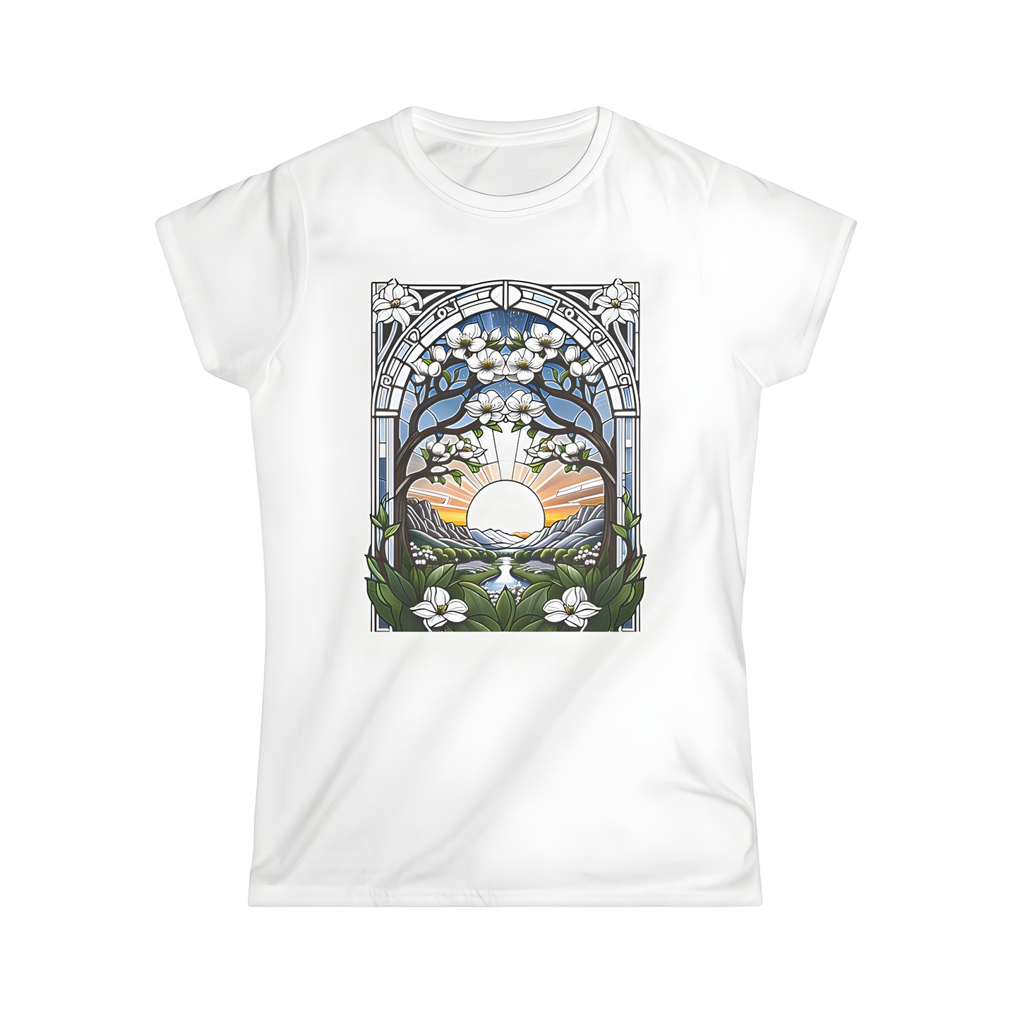 Women's colorful graphic t-shirt featuring stained glass artwork of white flowers, scenic sunrise over mountains, and winding river