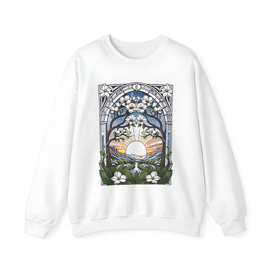 Adult sweatshirt featuring colorful stained glass artwork design of white flowers, scenic sunrise over mountains, and winding river.