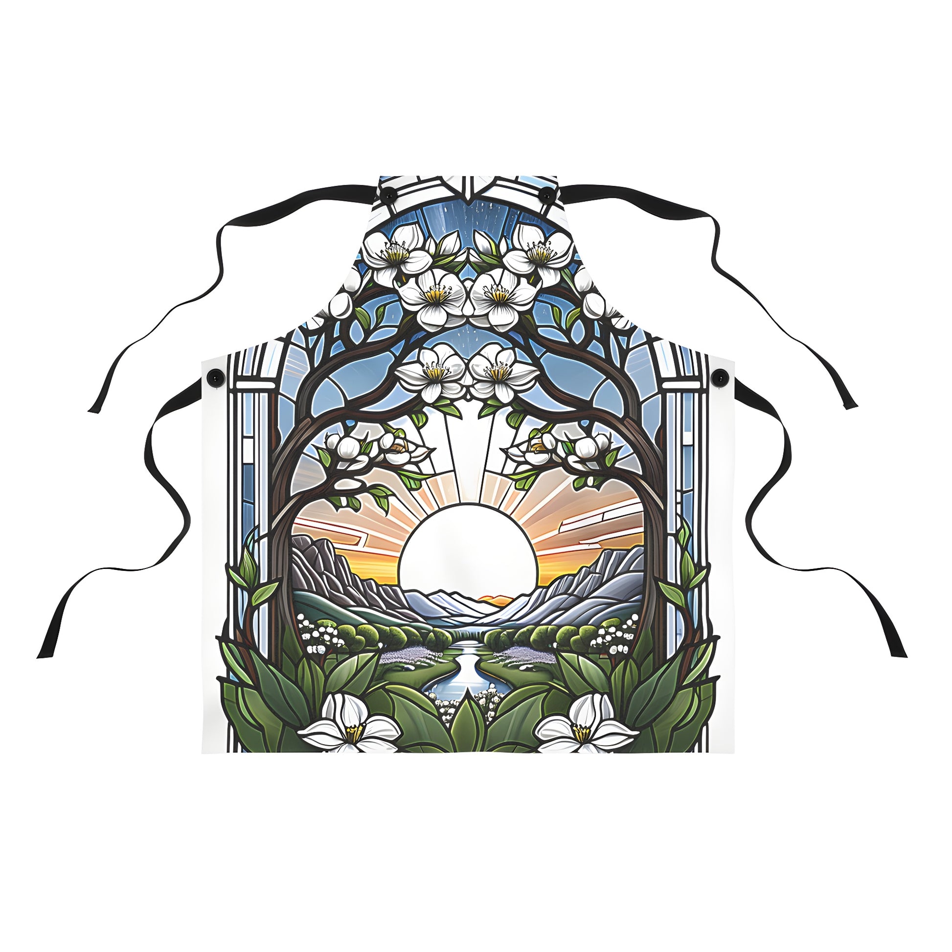 Colorful graphic design apron featuring a blooming landscape, stained glass artwork with white flowers and scenic views