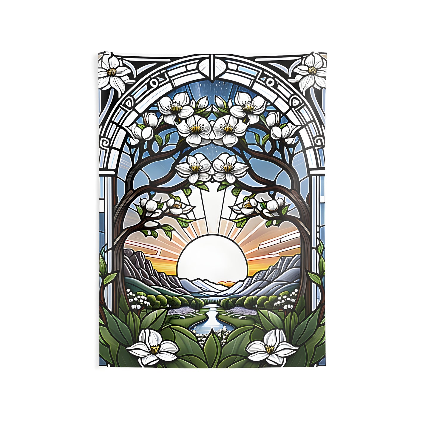 Colorful indoor wall tapestry featuring a beautiful stained glass artwork with white flowers, a serene mountain sunrise, and a winding river.