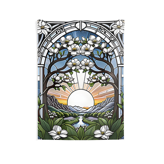 Colorful indoor wall tapestry featuring a beautiful stained glass artwork with white flowers, a serene mountain sunrise, and a winding river.