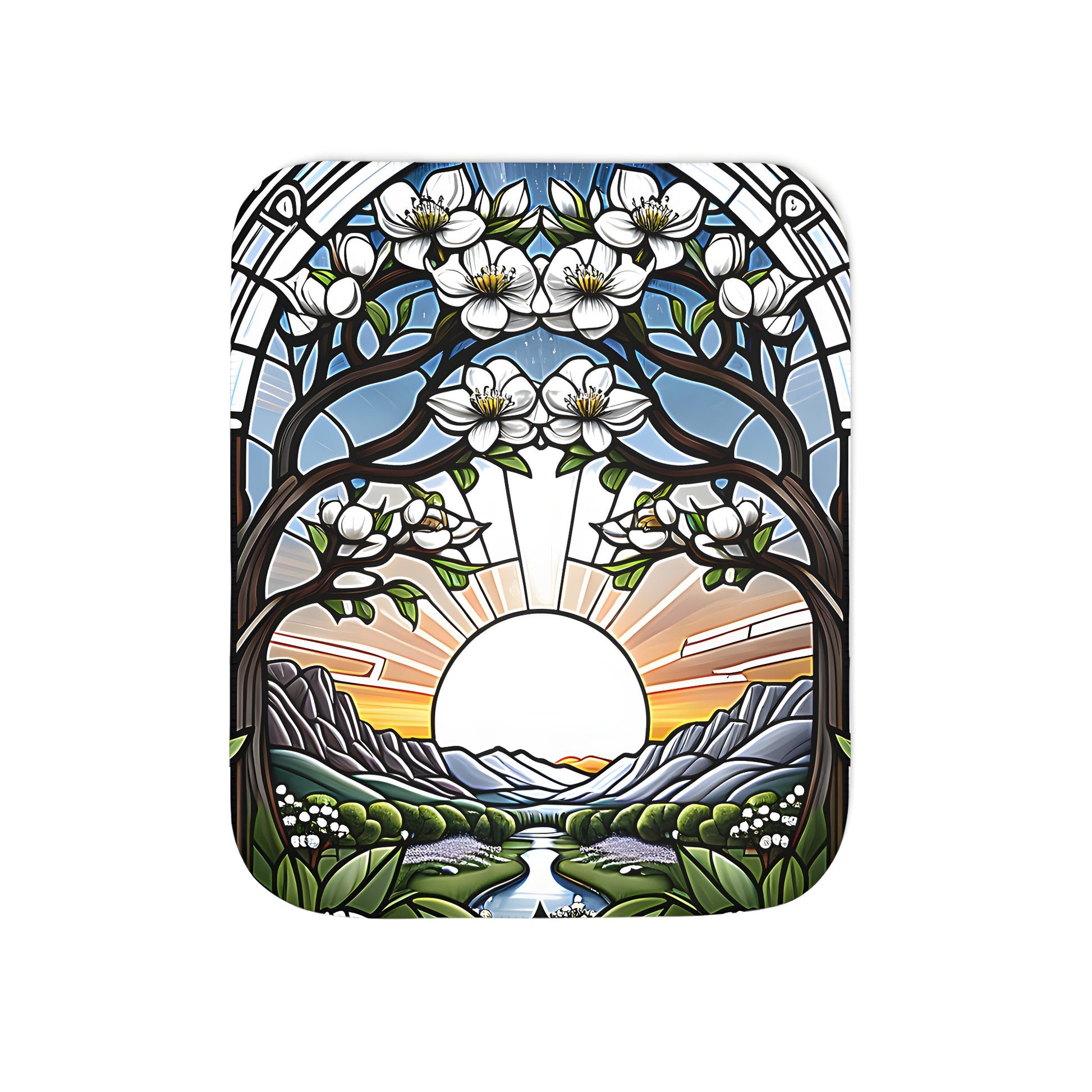 Colorful graphic blanket featuring a blooming landscape artwork with stained glass design, white flowers, and serene sunrise over mountains