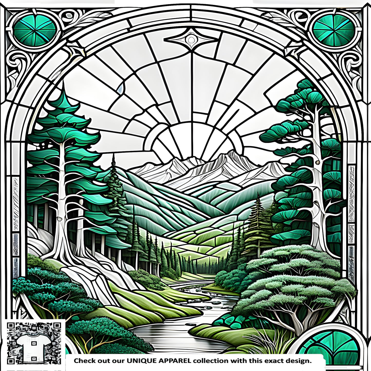 Colorful stained glass art of mountainous terrain, serene landscape scene, scenic valley view