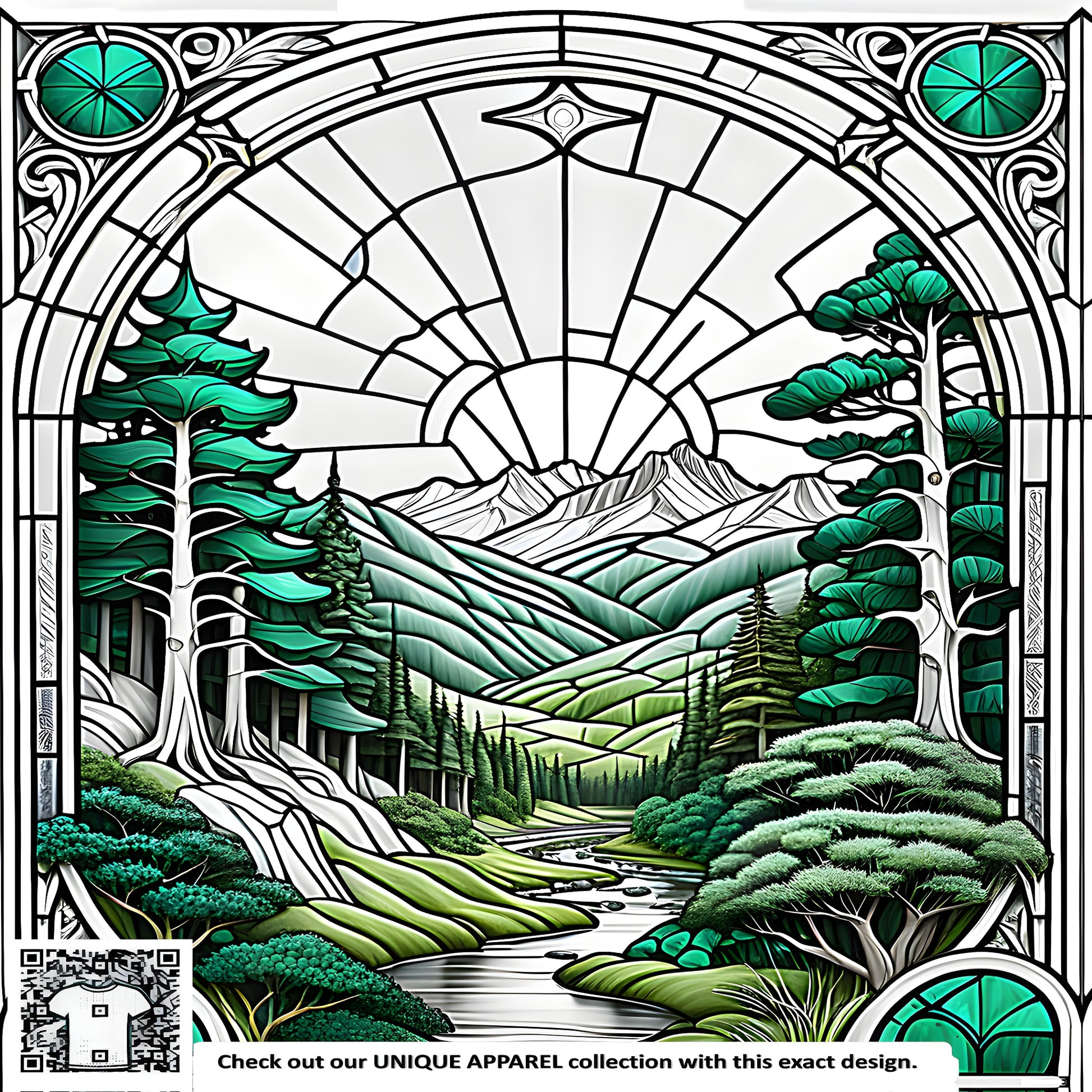 Colorful stained glass art of mountainous terrain, serene landscape scene, scenic valley view