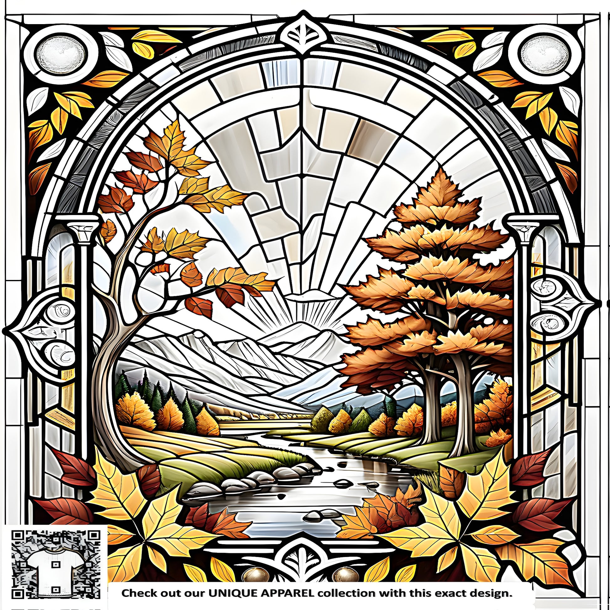 Colorful Stained Glass Art featuring Vibrant Trees, Winding River, and Mountainous Background