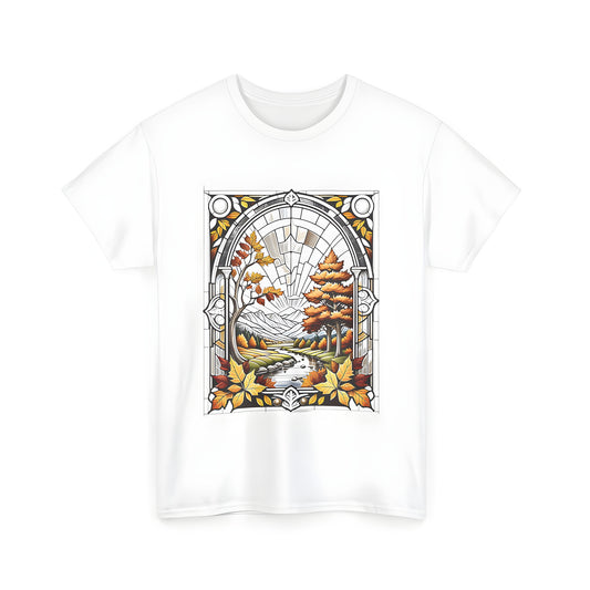 Colorful graphic t-shirt design of a vibrant autumn landscape with stained glass art style featuring trees, a winding river, and mountains in the background