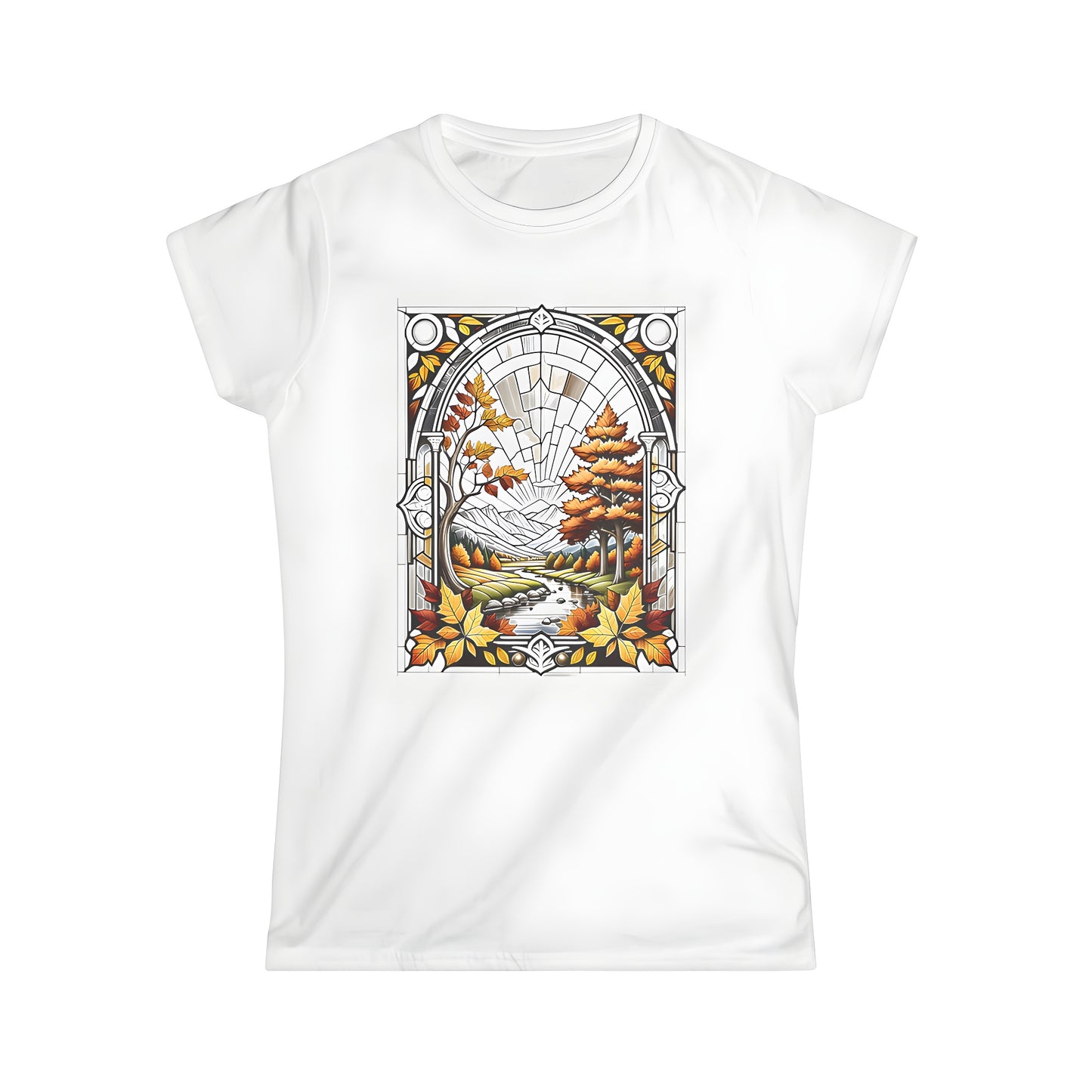 Vibrant women's t-shirt with colorful stained glass art design featuring an autumn landscape scene of a winding river and rolling mountains.