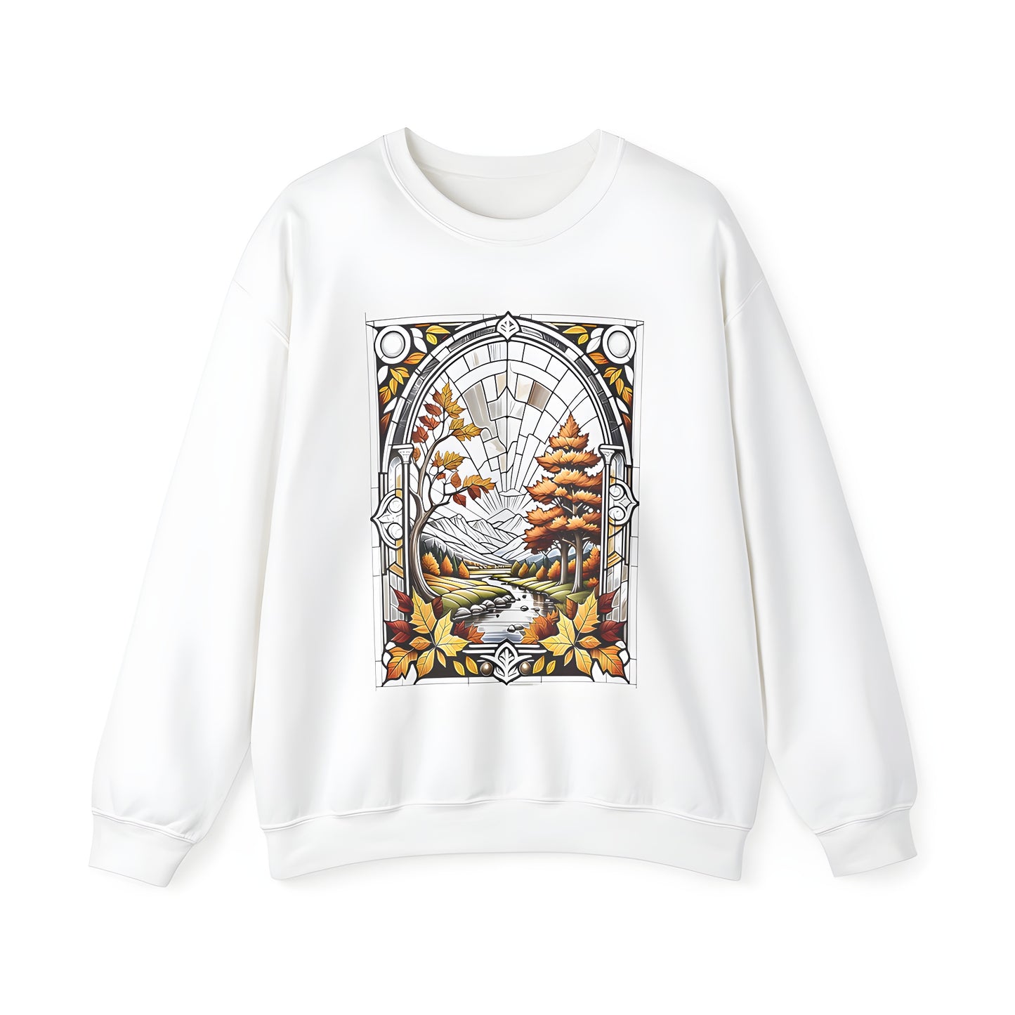 Adult sweatshirt with colorful stained glass art featuring vibrant autumn landscape, winding river, and mountainous scenery.