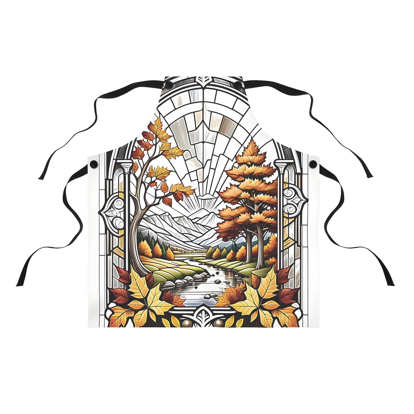 Colorful graphic design apron featuring an autumn landscape, stained glass art, vibrant trees, winding river, and mountain scenery. Perfect for fall fashion enthusiasts.