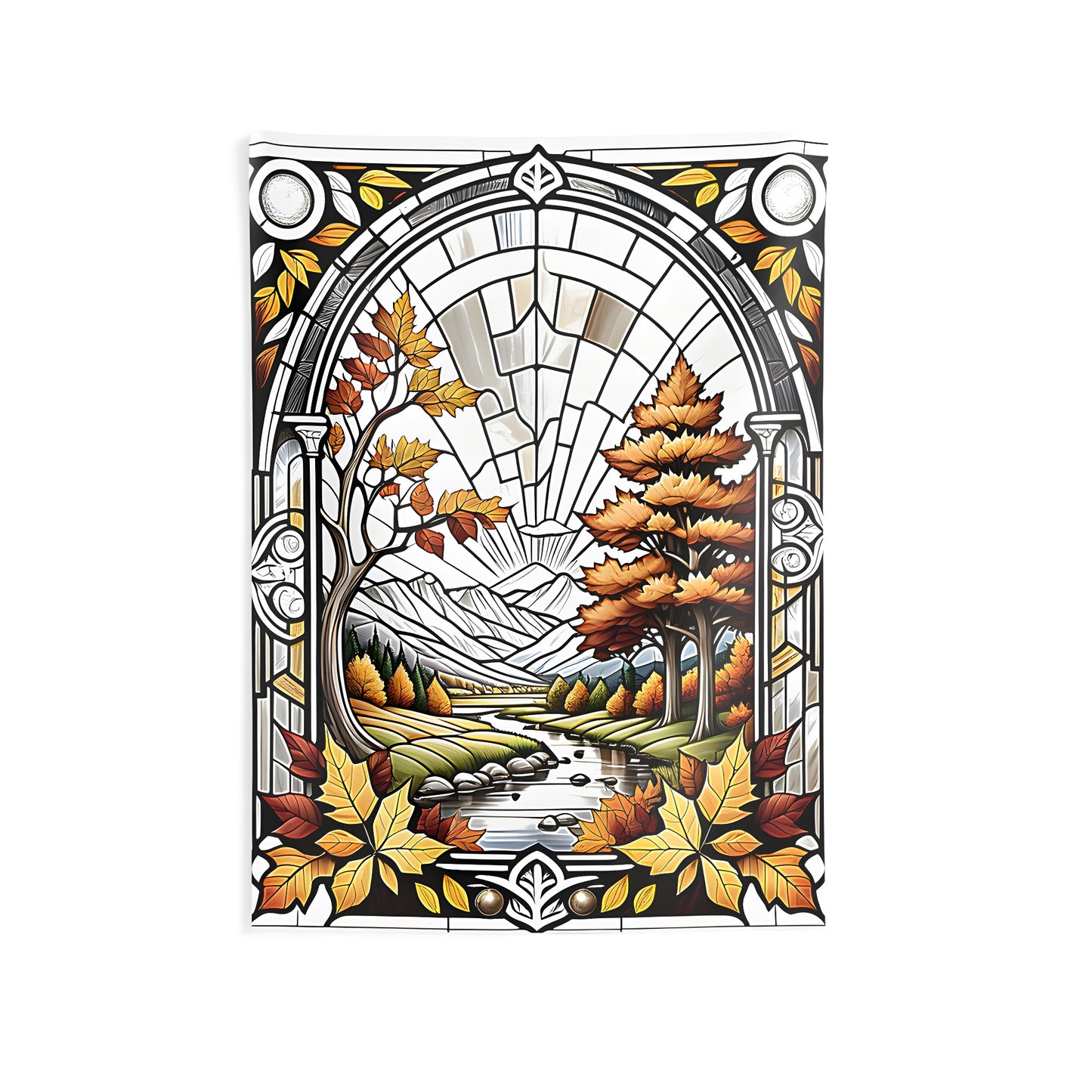 Wall tapestry featuring vibrant stained glass art autumn colors landscape scene