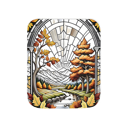 Colorful blanket with stained glass art design of Fall foliage, vibrant trees, winding river, and mountains