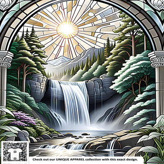 Colorful stained glass art depicting a waterfall scene amidst a forest landscape, surrounded by sunlight and majestic mountains through an arched frame