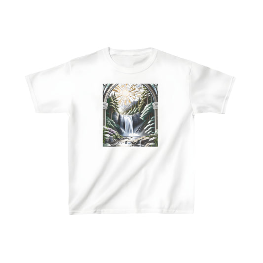 Kid's t-shirt featuring colorful stained glass art of a serene waterfall scene amidst a lush forest landscape with sunlight peeking through an arched frame.