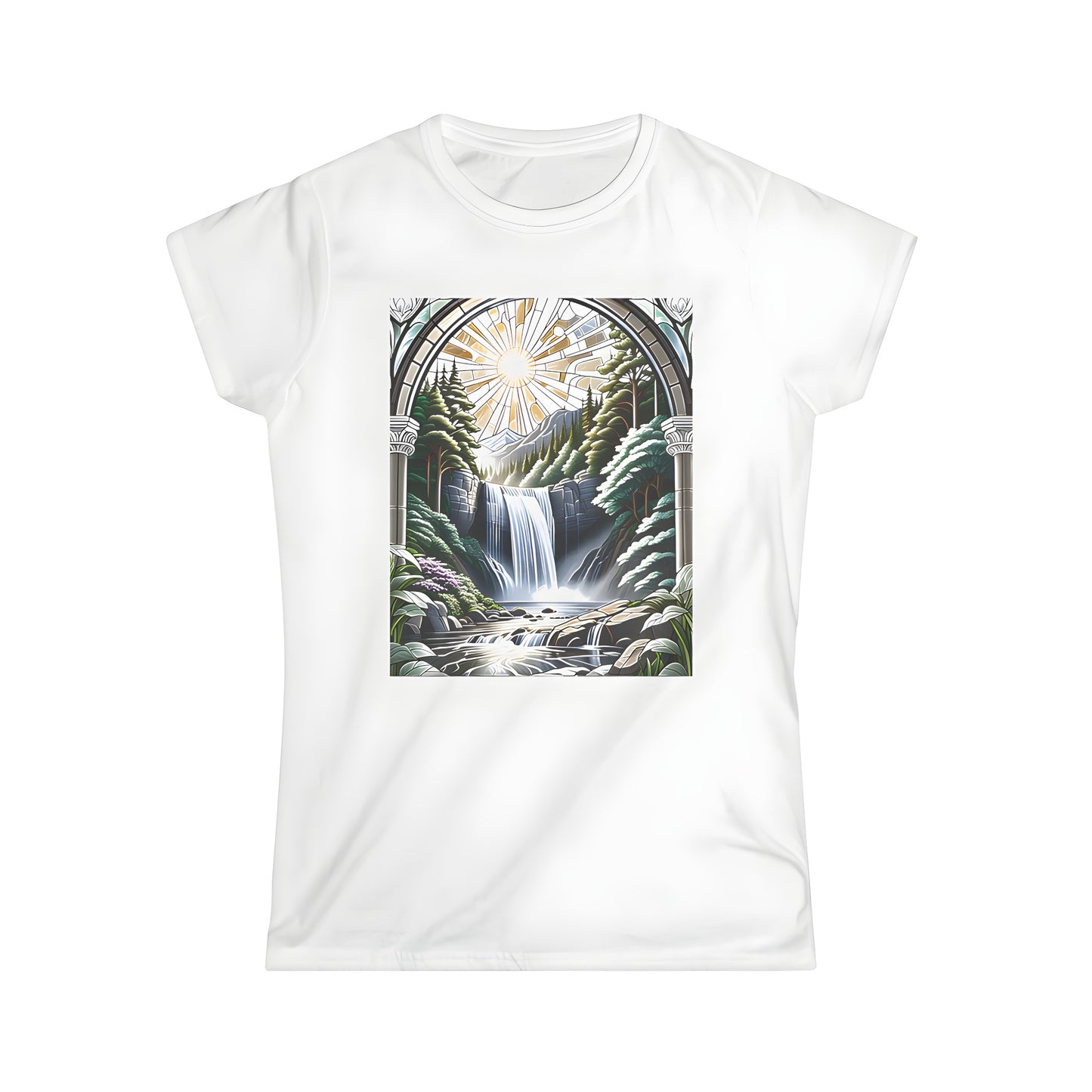 Colorful graphic design stained glass art women's t-shirt featuring waterfall scene, surrounded by lush forest and mountains