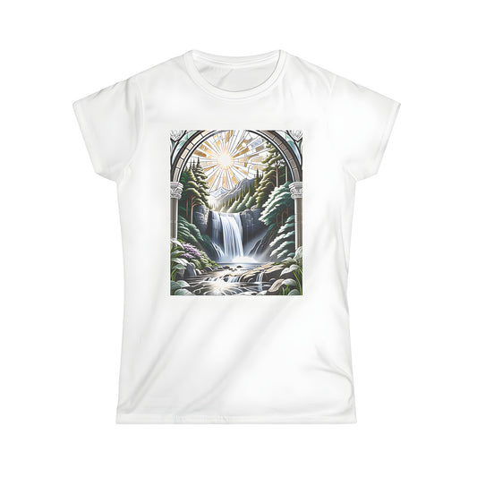 Colorful graphic design stained glass art women's t-shirt featuring waterfall scene, surrounded by lush forest and mountains