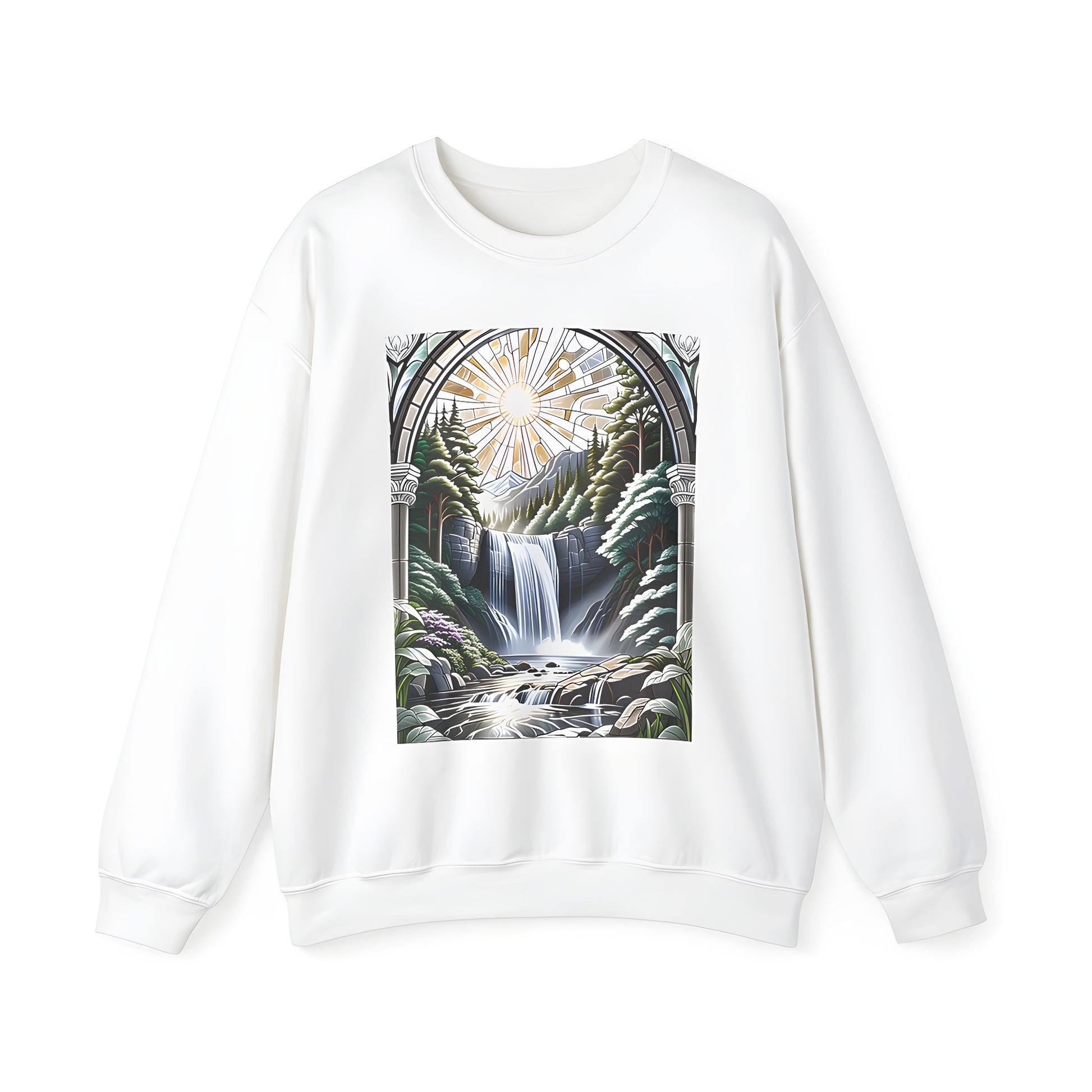 Adult sweatshirt featuring a colorful graphic design of stained glass art depicting a waterfall scene with sunlight and mountains through an arched frame