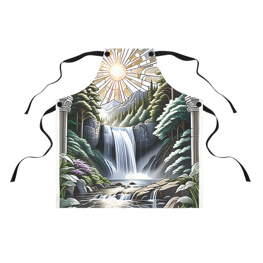 Colorful graphic apron design featuring a stained glass art of waterfall scene amidst forest landscape