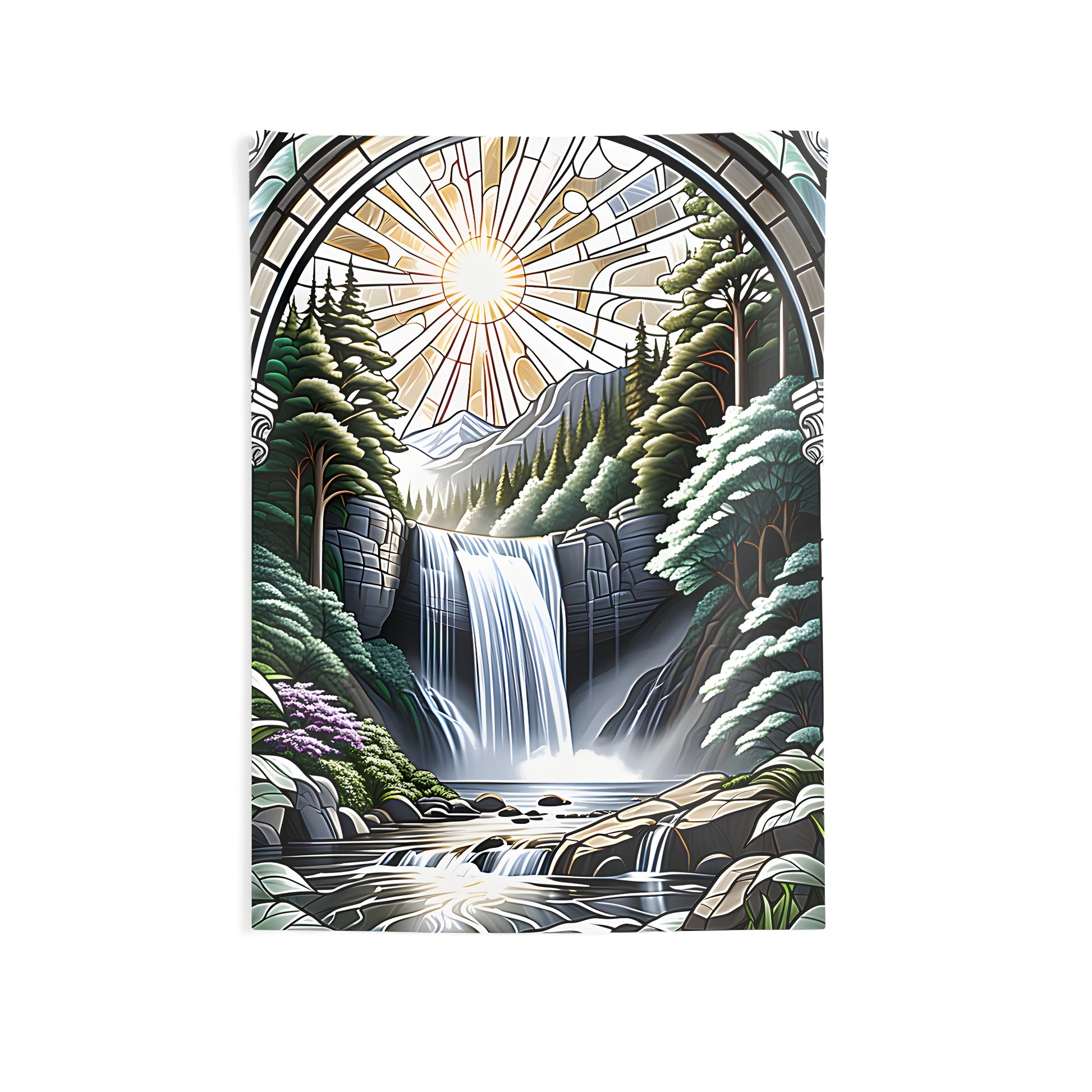 Indoor Wall Tapestry with Colorful Stained Glass Art of Cascading Falls and Forest Landscape