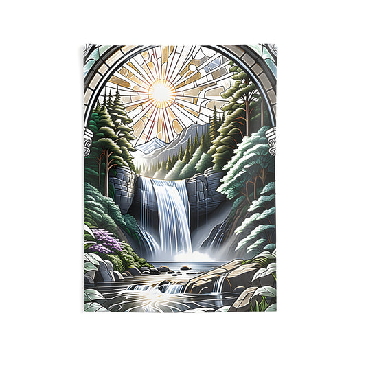 Indoor Wall Tapestry with Colorful Stained Glass Art of Cascading Falls and Forest Landscape