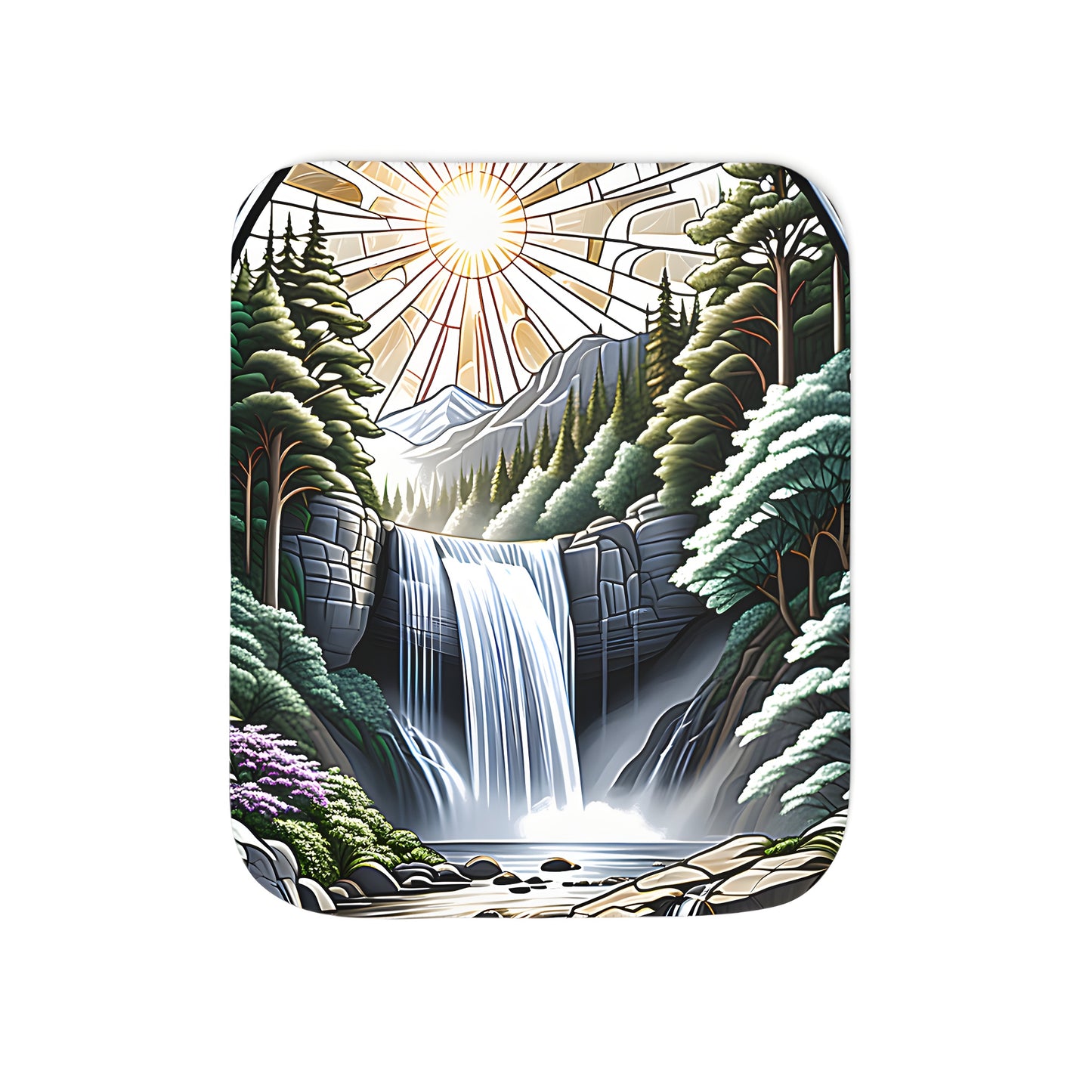 Colorful blanket featuring stained glass art of waterfall scene amidst forest with sunlight and mountains