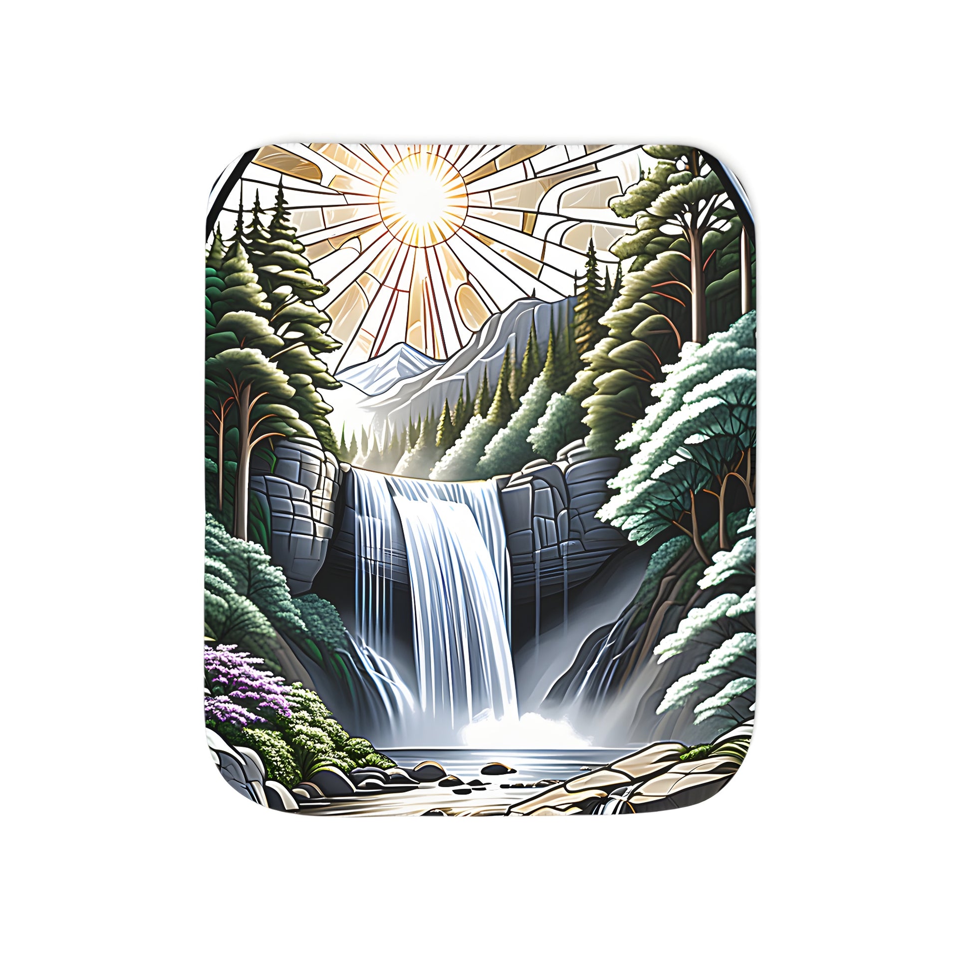 Colorful blanket featuring stained glass art of waterfall scene amidst forest with sunlight and mountains