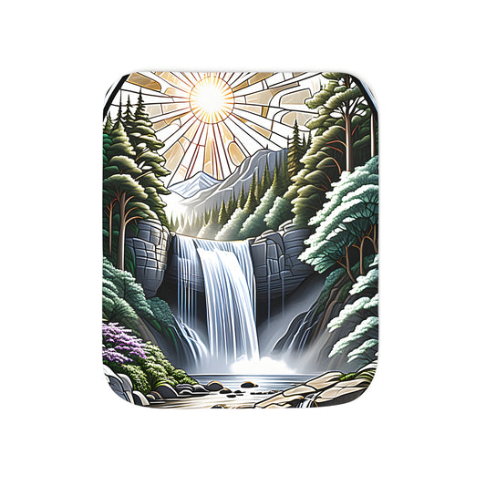 Colorful blanket featuring stained glass art of waterfall scene amidst forest with sunlight and mountains