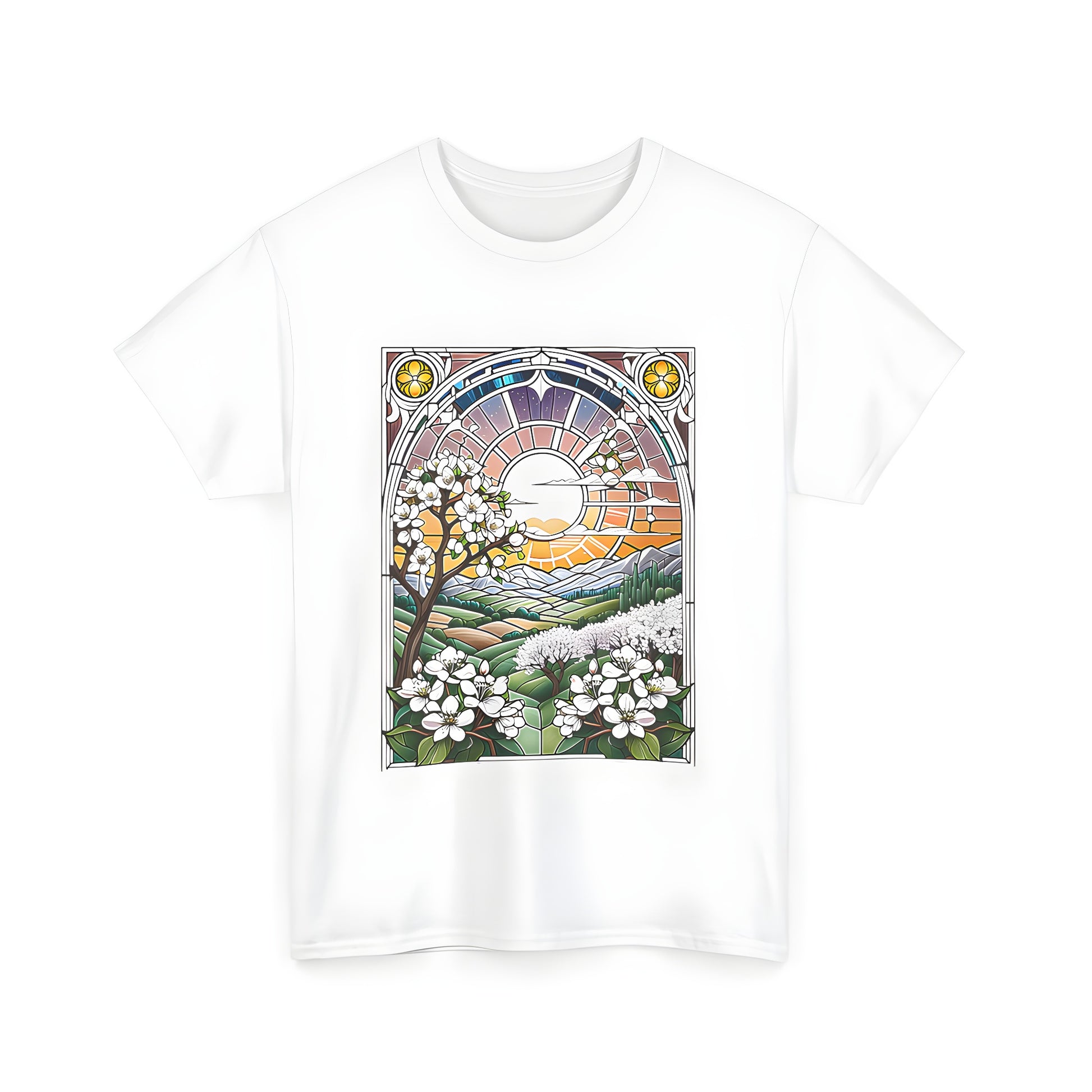 A colorful graphic design of vibrant flowers and trees against a beautiful sunset background on a unisex t-shirt.