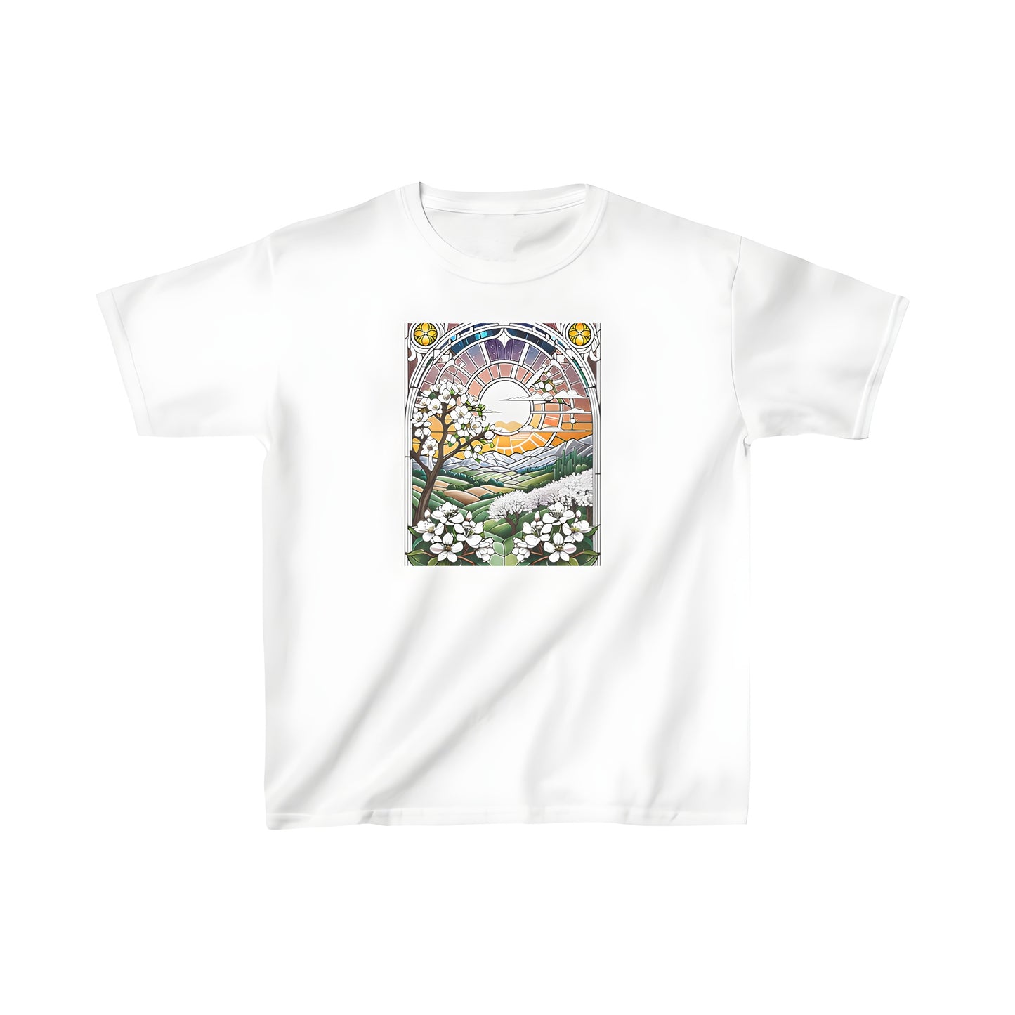 Colorful graphic t-shirt design of flowering trees at sunset on kid's apparel