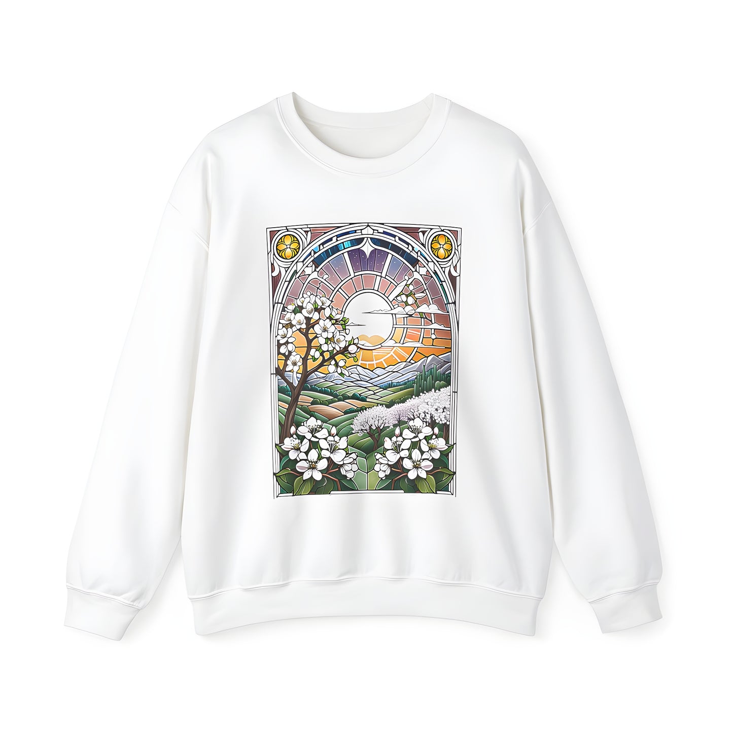 Adult sweatshirt featuring a colorful graphic design of flowering trees and sunset