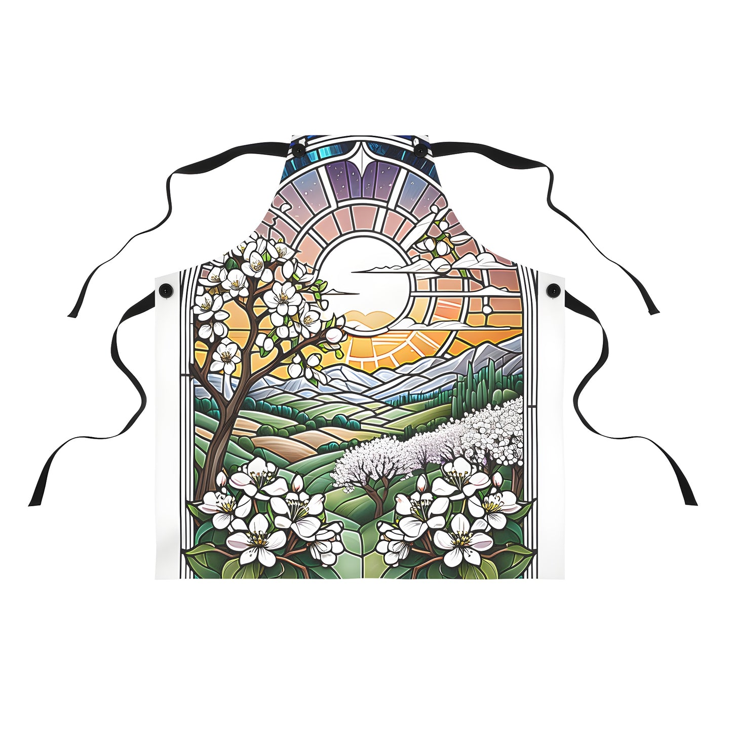 Colorful apron featuring vibrant flower designs and a stunning sunset landscape