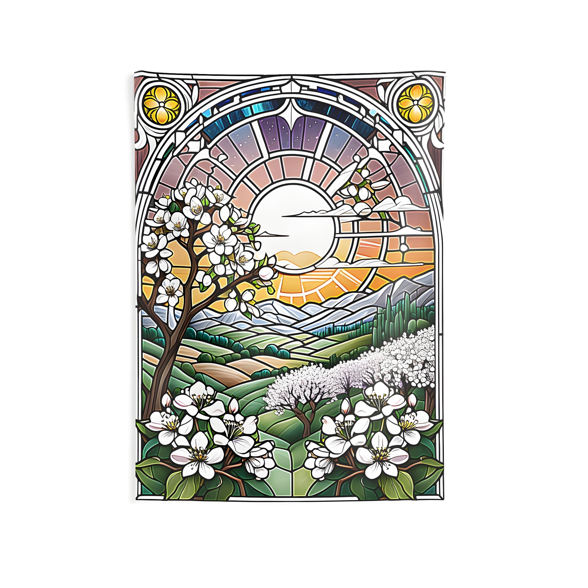 Colorful graphic design of flowering trees and blossoms in front of a vibrant sunset over rolling hills, printed on an indoor wall tapestry