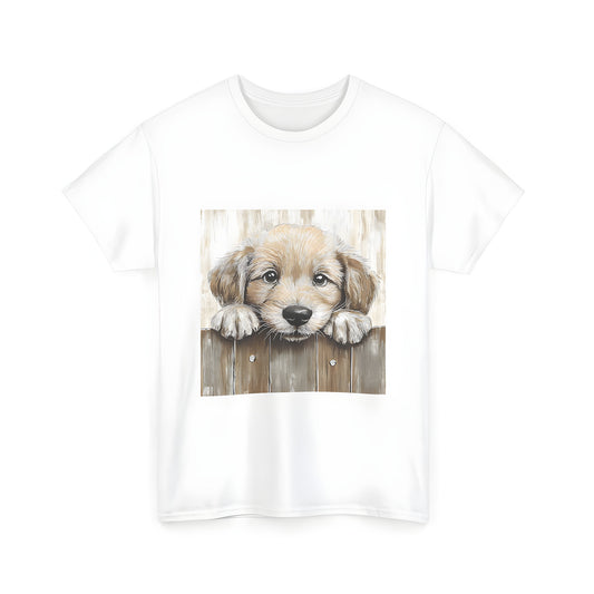 Colorful graphic t-shirt featuring cute puppy design