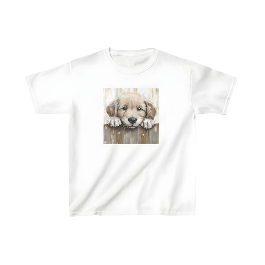 Colorful graphic design kid's t-shirt featuring an adorable puppy peeking over a wooden fence.