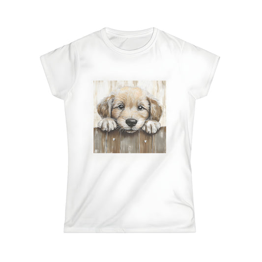 Colorful graphic design women's t-shirt featuring a cute puppy illustration on the front