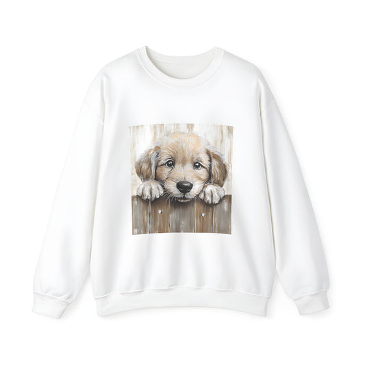 Adult sweatshirt featuring a colorful graphic design of an adorable puppy peeking over a wooden fence