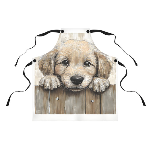 Colorful graphic apron with cute puppy design and playful illustration of an adorable dog peeking over a wooden fence