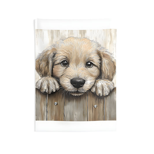 Colorful graphic design Indoor Wall Tapestry featuring adorable puppy peeking over wooden fence