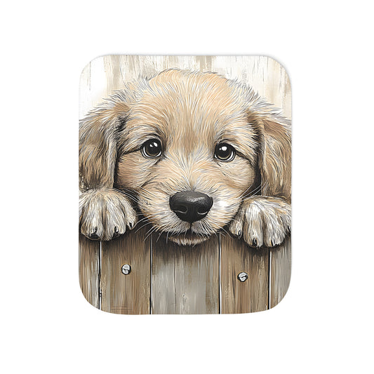 Colorful graphic design blanket featuring a cute and playful puppy illustration