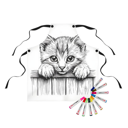 Adorable kitten design on an apron, perfect for kids and cat lovers. Illustration of a cute black and white kitten peeking over a wooden fence.