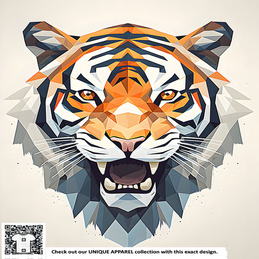 Colorful graphic art depicting an abstract tiger design with polygonal shapes and vibrant colors