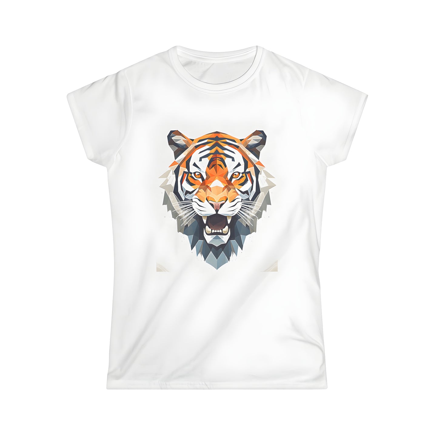 Women's colorful graphic t-shirt with abstract tiger face design. Geometric shapes and vibrant colors create a unique visual effect.