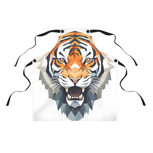 Vibrant colorful graphic print apron featuring an abstract polygonal depiction of a tiger's face