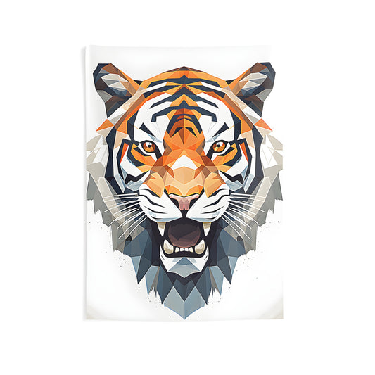 Wall hanging tapestry of colorful graphic art depicting a stylized tiger's face in geometric shapes and vibrant colors