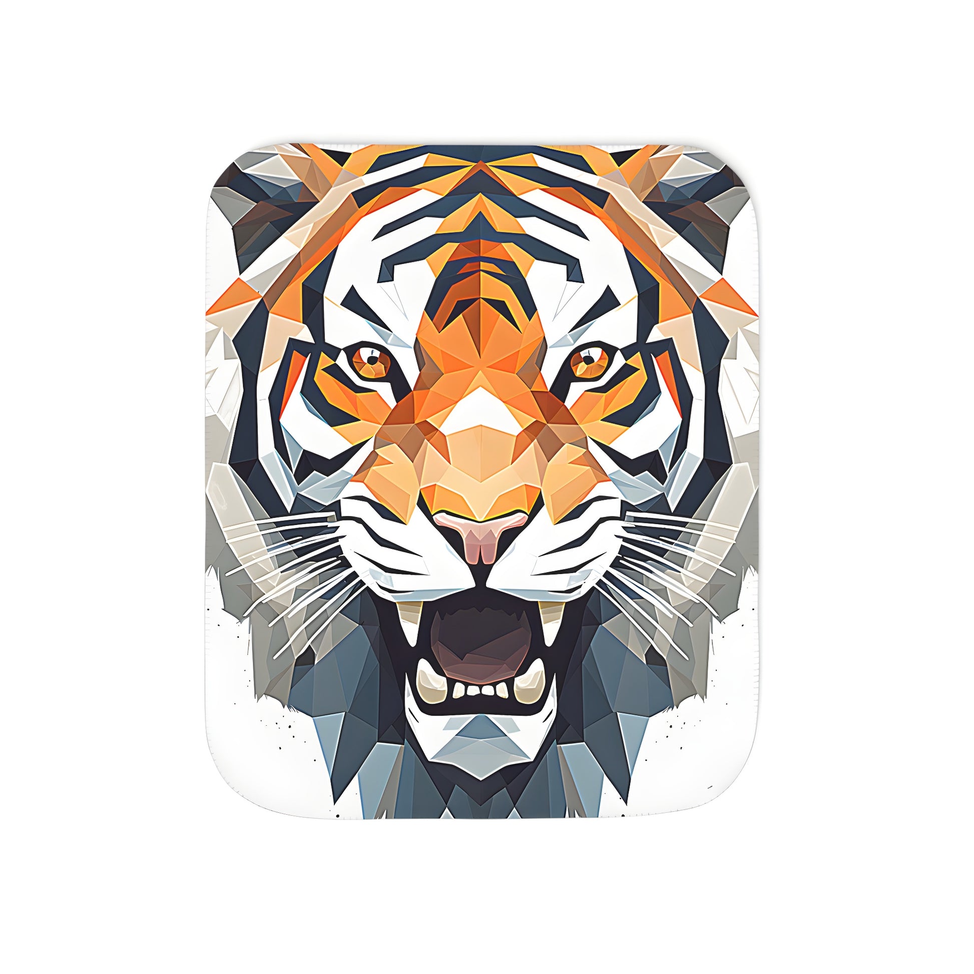 Colorful graphic blanket with abstract tiger design, polygonal depiction of feline face, geometric shapes and vibrant colors