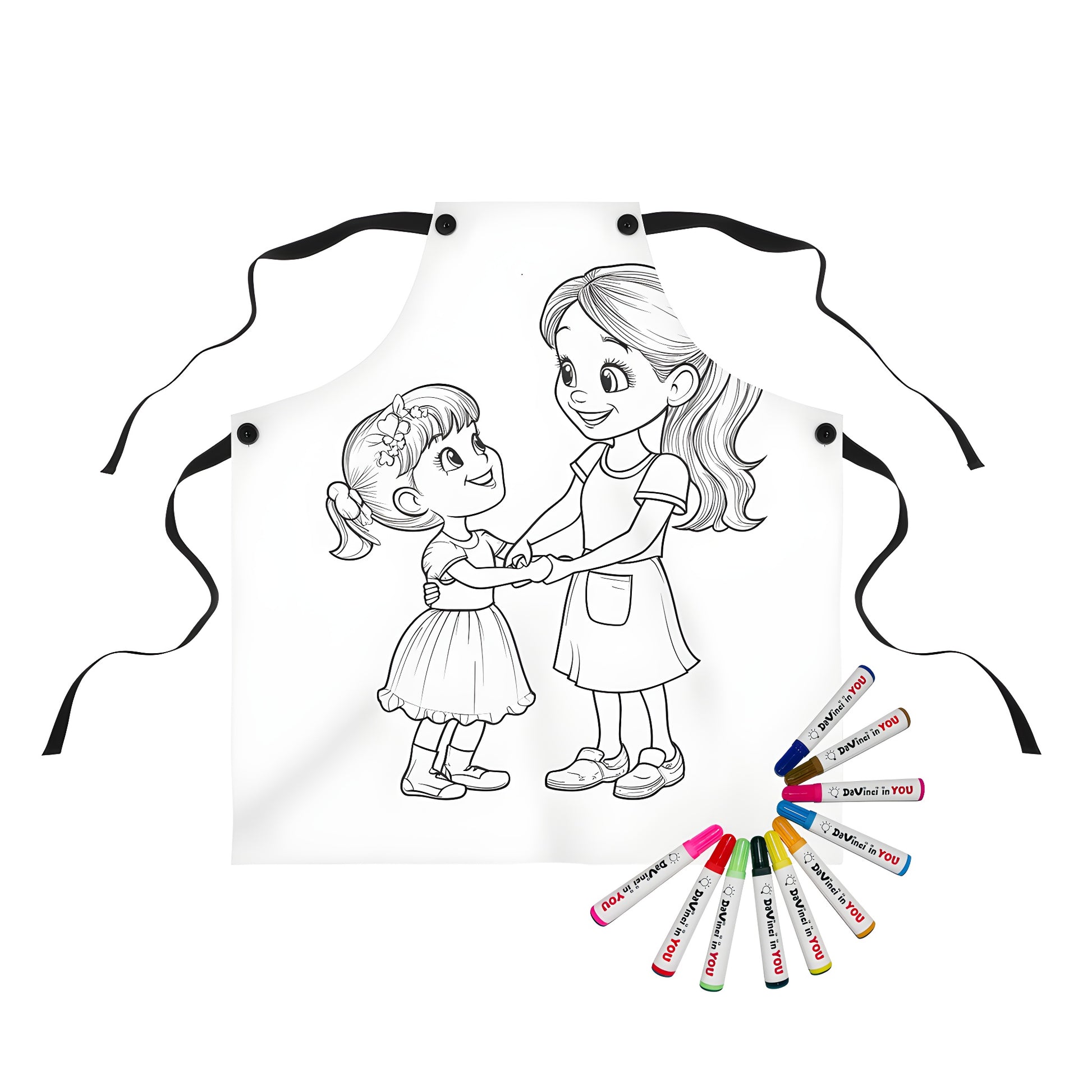 Sisterly love apron with coloring page design of two girls holding hands