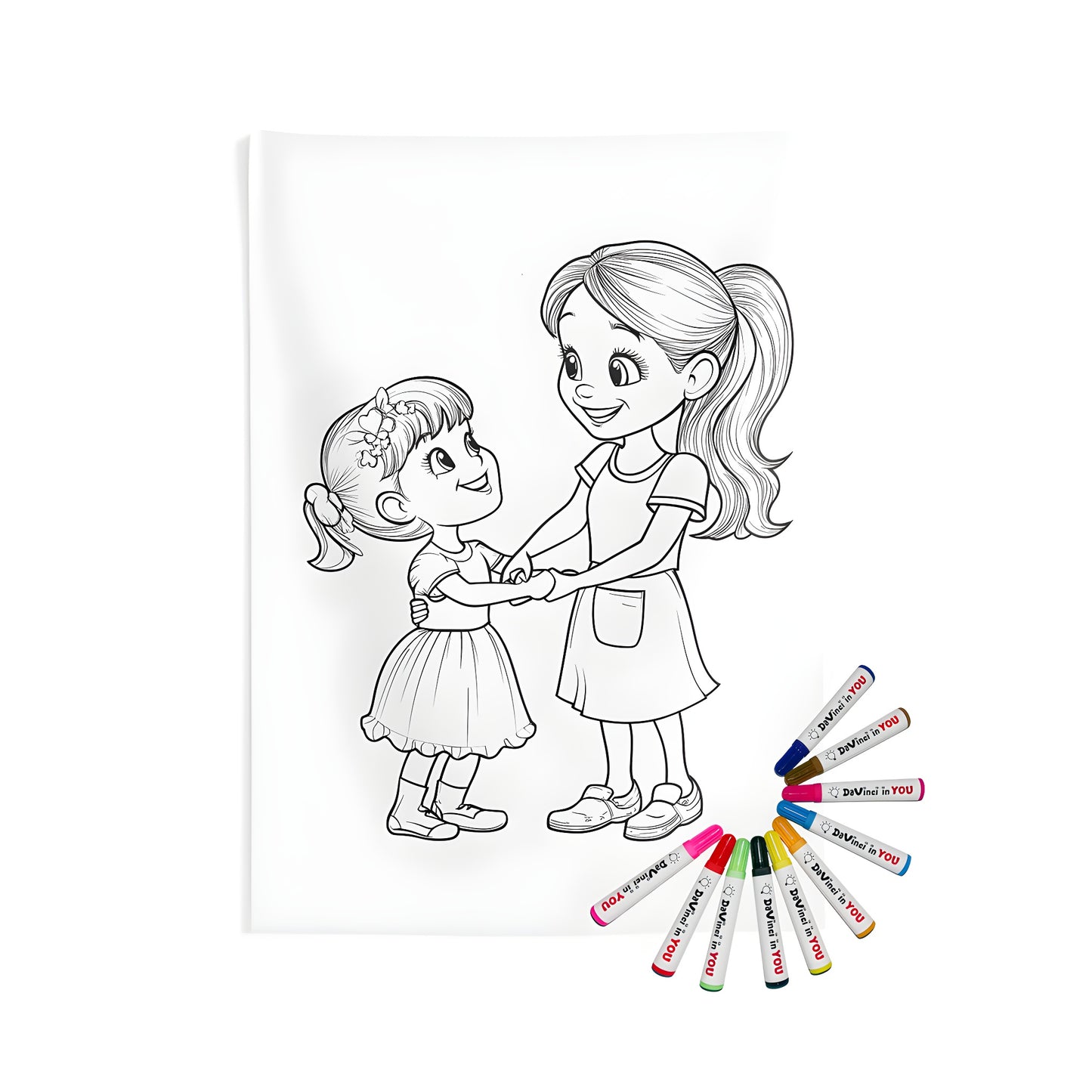 Coloring kit for sisters wall tapestry, indoor decor featuring line art of two girls holding hands