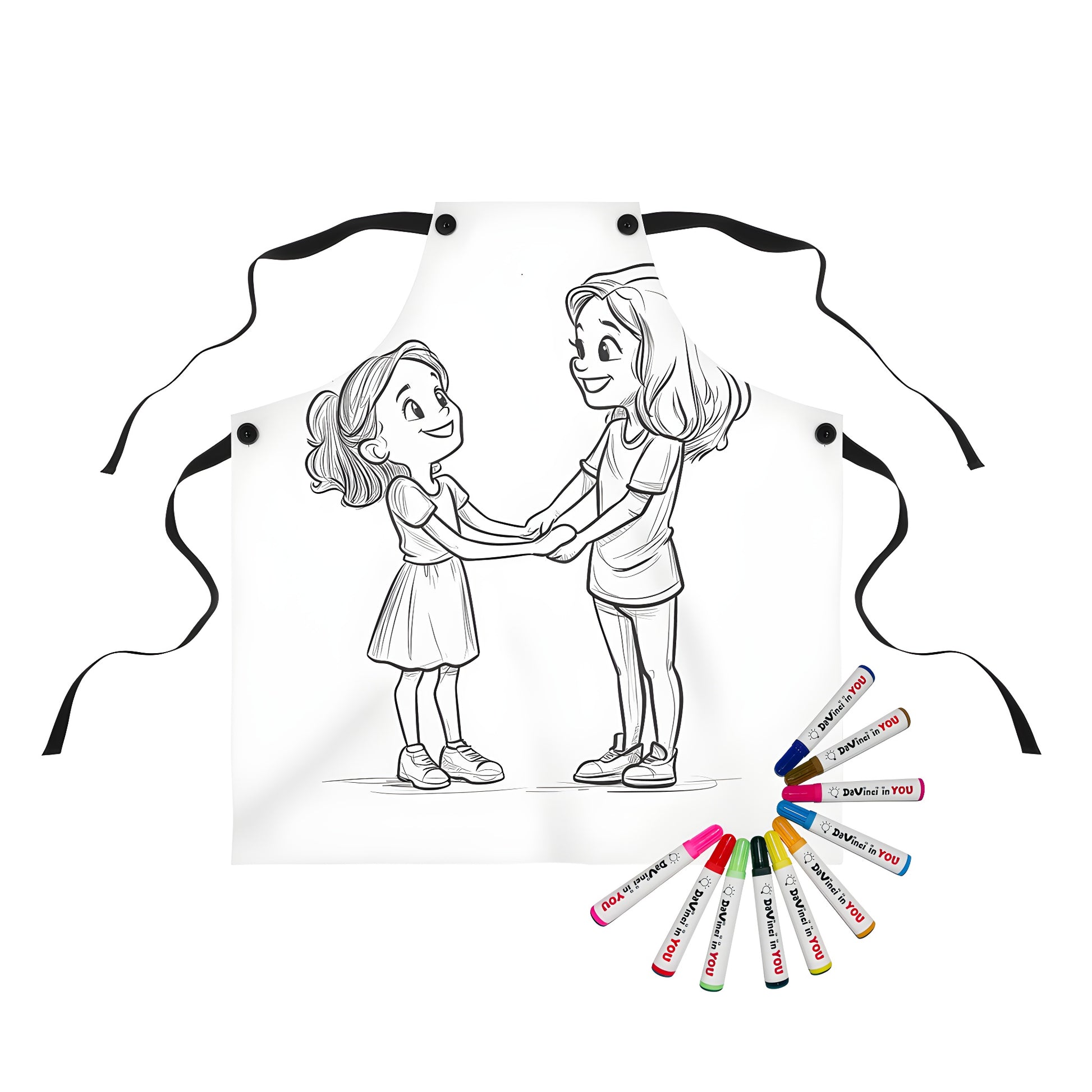 Coloring kit apron with fun playdate design, two happy girls playing together