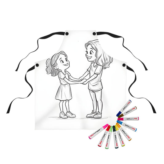 Coloring kit apron with fun playdate design, two happy girls playing together